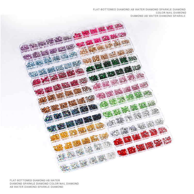 12Gird 3D Glass AB Crystal Nail Art Rhinestones Kit Flatback apaļa lodīšu šarms Dārgakmeņu rotaslietas dimants ar instrumentiem nagu mākslas darbam