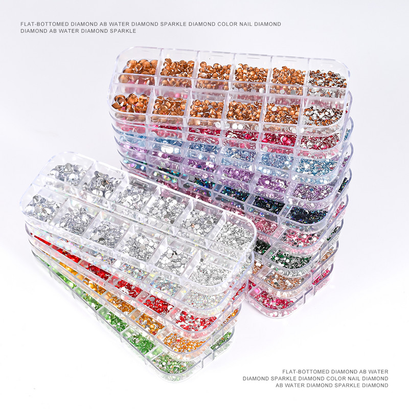 12Gird 3D Glass AB Crystal Nail Art Rhinestones Kit Flatback apaļa lodīšu šarms Dārgakmeņu rotaslietas dimants ar instrumentiem nagu mākslas darbam