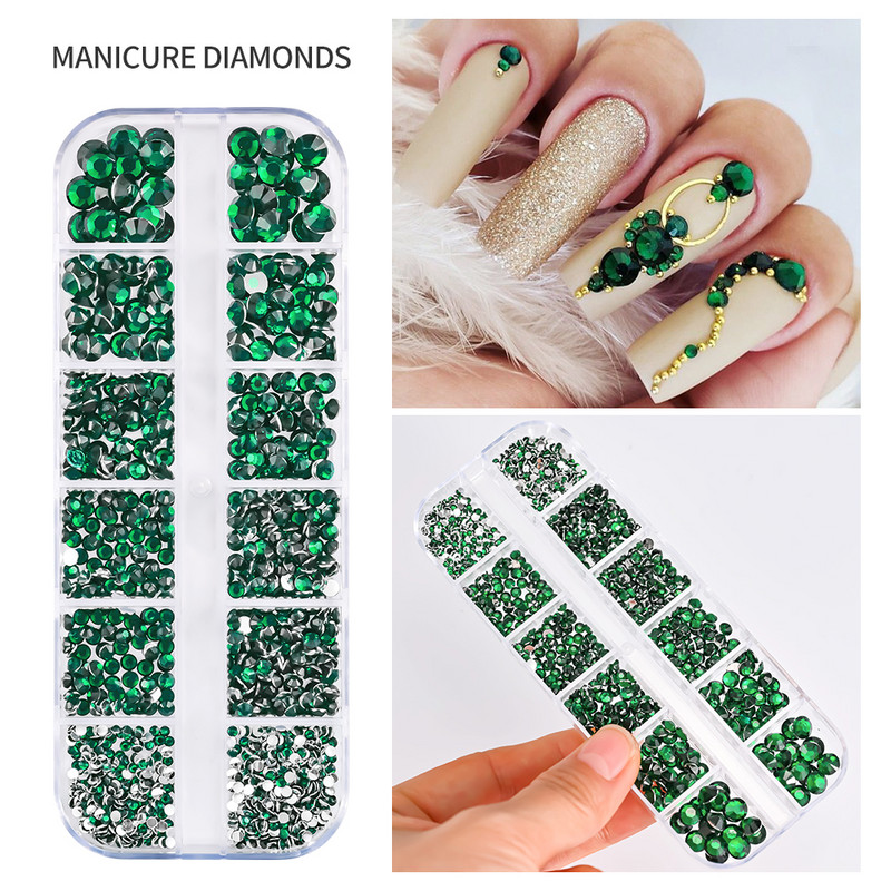 12Gird 3D Glass AB Crystal Nail Art Rhinestones Kit Flatback apaļa lodīšu šarms Dārgakmeņu rotaslietas dimants ar instrumentiem nagu mākslas darbam