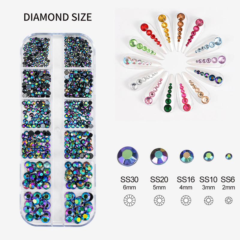 12Gird 3D Glass AB Crystal Nail Art Rhinestones Kit Flatback apaļa lodīšu šarms Dārgakmeņu rotaslietas dimants ar instrumentiem nagu mākslas darbam