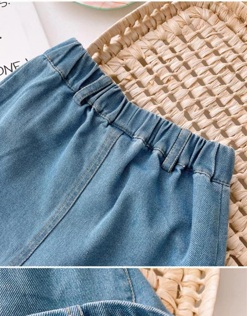 Vasaras modes ikdienišķa, salda mazuļu svārki, meiteņu svārki, džinsa zili volāni, poga, elastīga jostasvieta A-līnijas mini svārki, apģērbs 1-6 g.