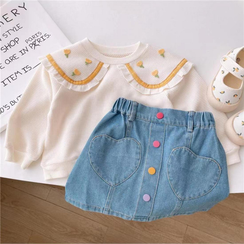 Vasaras modes ikdienišķa, salda mazuļu svārki, meiteņu svārki, džinsa zili volāni, poga, elastīga jostasvieta A-līnijas mini svārki, apģērbs 1-6 g.