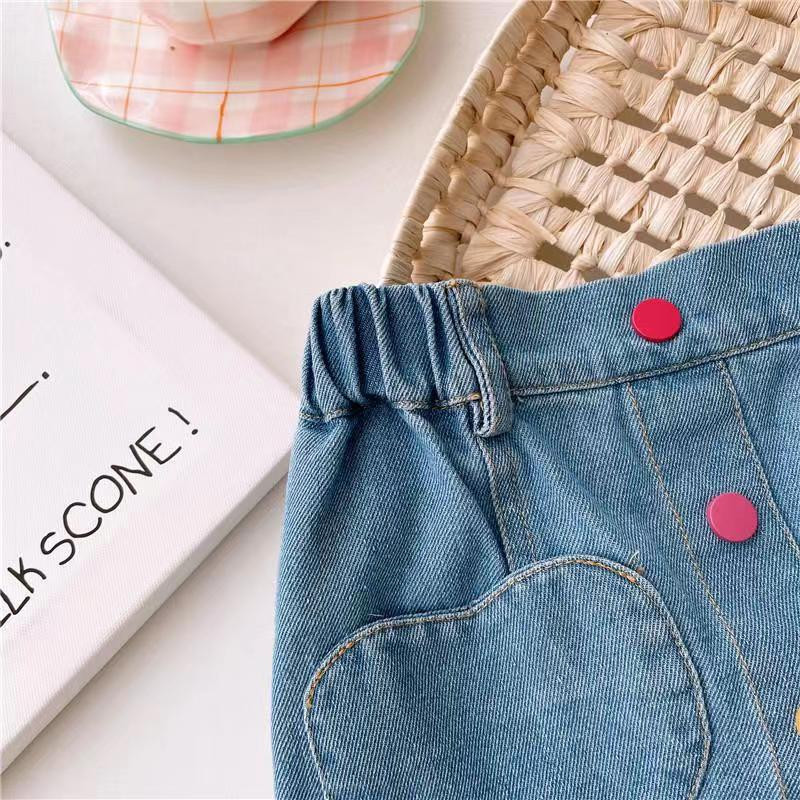 Vasaras modes ikdienišķa, salda mazuļu svārki, meiteņu svārki, džinsa zili volāni, poga, elastīga jostasvieta A-līnijas mini svārki, apģērbs 1-6 g.