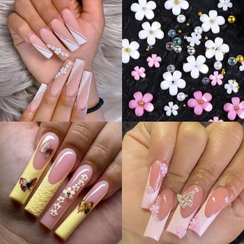 6Grid 3D смесени розово бели малки цветя Талисмани за нокти със златни сребърни мъниста Kawaii Resin Модни анимационни декорации за нокти Направи си сам