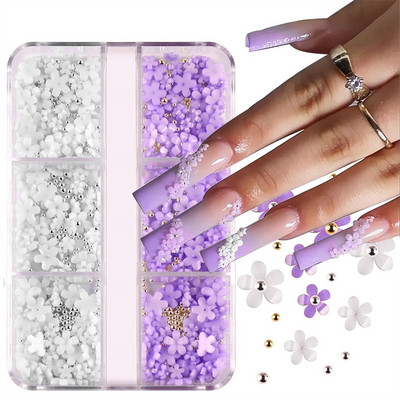 6 Režģa 3D jaukts rozā balts mazs ziedu nagu mākslas piekariņi ar zelta sudraba pērlītēm Kawaii sveķu modes karikatūra nagu dekori DIY