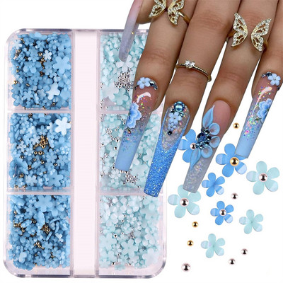 6 Režģa 3D jaukts rozā balts mazs ziedu nagu mākslas piekariņi ar zelta sudraba pērlītēm Kawaii sveķu modes karikatūra nagu dekori DIY