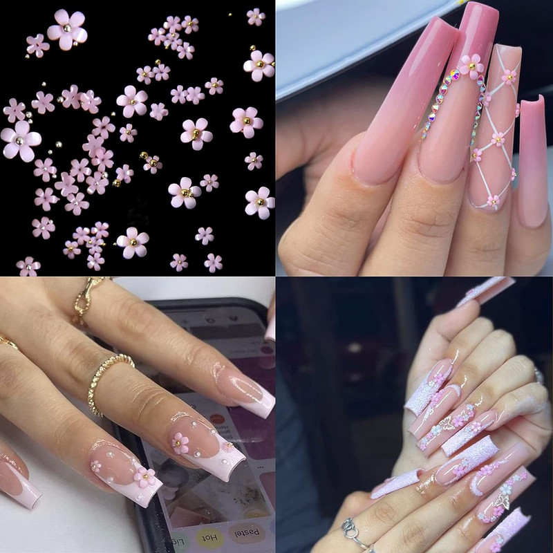 6 Režģa 3D jaukts rozā balts mazs ziedu nagu mākslas piekariņi ar zelta sudraba pērlītēm Kawaii sveķu modes karikatūra nagu dekori DIY