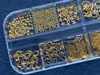 Златни декори с метални шипове 12 стила/кутия нит с мъниста луна звезда слънце метален 3D талисман за нокти Златен и сребърен нит за аксесоари за ноктопластика
