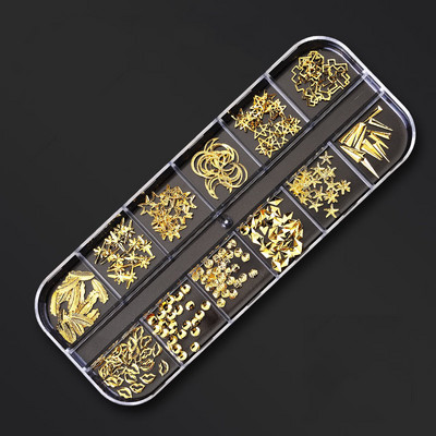 Zlatni metalni ukrasi za nitne 12 stilova/kutija zakovica s perlama u obliku mjeseca i sunca metalik 3D privjesak za nokte Zlatna i srebrna zakovica za dodatke za nail art