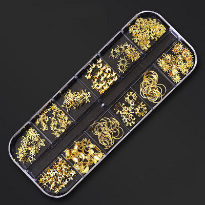 Zlatni metalni ukrasi za nitne 12 stilova/kutija zakovica s perlama u obliku mjeseca i sunca metalik 3D privjesak za nokte Zlatna i srebrna zakovica za dodatke za nail art