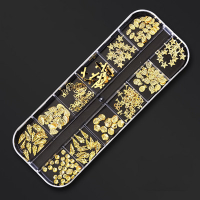 Zlatni metalni ukrasi za nitne 12 stilova/kutija zakovica s perlama u obliku mjeseca i sunca metalik 3D privjesak za nokte Zlatna i srebrna zakovica za dodatke za nail art