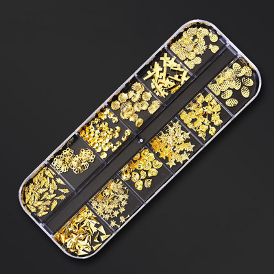 Zlatni metalni ukrasi za nitne 12 stilova/kutija zakovica s perlama u obliku mjeseca i sunca metalik 3D privjesak za nokte Zlatna i srebrna zakovica za dodatke za nail art