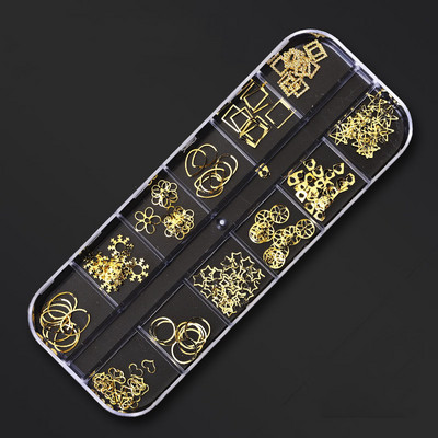 Zlatni metalni ukrasi za nitne 12 stilova/kutija zakovica s perlama u obliku mjeseca i sunca metalik 3D privjesak za nokte Zlatna i srebrna zakovica za dodatke za nail art