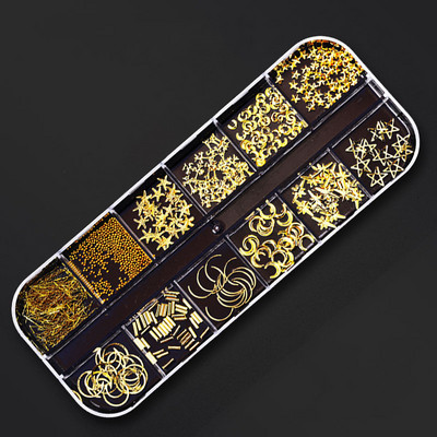 Zlatni metalni ukrasi za nitne 12 stilova/kutija zakovica s perlama u obliku mjeseca i sunca metalik 3D privjesak za nokte Zlatna i srebrna zakovica za dodatke za nail art