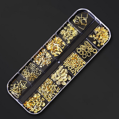 Zlatni metalni ukrasi za nitne 12 stilova/kutija zakovica s perlama u obliku mjeseca i sunca metalik 3D privjesak za nokte Zlatna i srebrna zakovica za dodatke za nail art