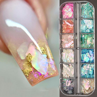 12 Grids Abalone Sea Shell nagiem Hologrāfisks spogulis Nail Art Glitter Flakes Varavīksnes nāriņa neregulāri sequins manikīra dekors