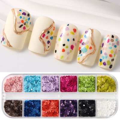 12 Grids Abalone Sea Shell nagiem Hologrāfisks spogulis Nail Art Glitter Flakes Varavīksnes nāriņa neregulāri sequins manikīra dekors