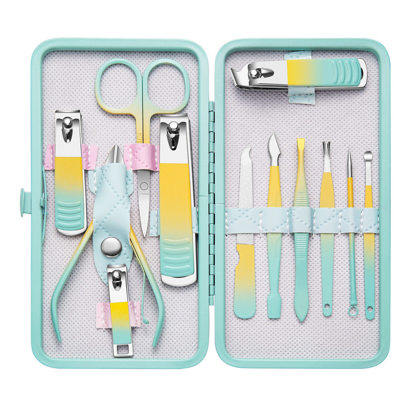 Gradienta krāsas 7-18gab Manikīra komplekts Pedikīra komplekti Nagu griezējs Nerūsējošais tērauds Profesionāli nagu griezējinstrumenti Ceļojumu futrāļu komplekts