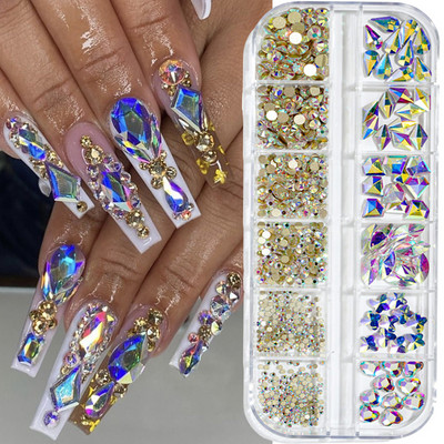 12 režģi/kaste, kristāla nagu mākslas darbi, rhinestones, stikls SS4-SS16 nagu akmeņi, spīdīgi plakanā aizmugurējā 3D diY nail art dekori