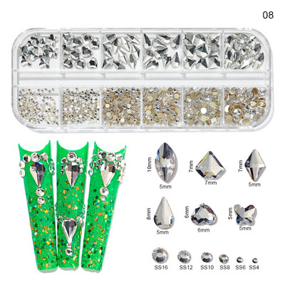 12 režģi/kaste, kristāla nagu mākslas darbi, rhinestones, stikls SS4-SS16 nagu akmeņi, spīdīgi plakanā aizmugurējā 3D diY nail art dekori