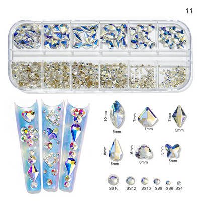 12 režģi/kaste, kristāla nagu mākslas darbi, rhinestones, stikls SS4-SS16 nagu akmeņi, spīdīgi plakanā aizmugurējā 3D diY nail art dekori