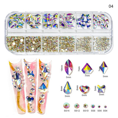 12 režģi/kaste, kristāla nagu mākslas darbi, rhinestones, stikls SS4-SS16 nagu akmeņi, spīdīgi plakanā aizmugurējā 3D diY nail art dekori