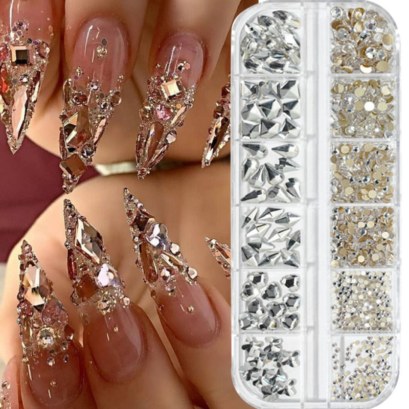 12 režģi/kaste, kristāla nagu mākslas darbi, rhinestones, stikls SS4-SS16 nagu akmeņi, spīdīgi plakanā aizmugurējā 3D diY nail art dekori