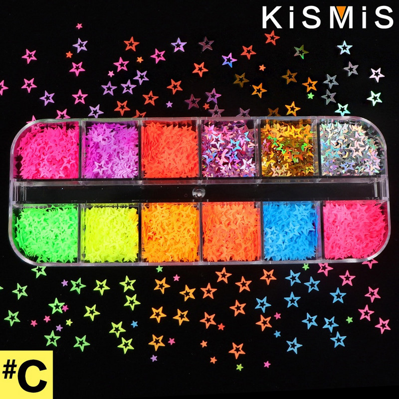 1 kaste fluorescences tauriņa formas nagu mākslas mirdzošas pārslas 3D krāsaini fliteļi, lakas manikīrs nagu dekorēšana