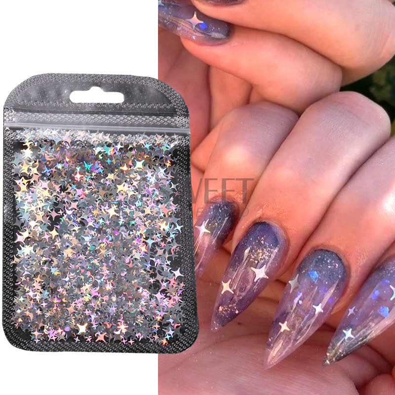Hologrāfiskā zvaigzne četrstaru zvaigzne nagu paletes Sparkly Laser Design sequin Charm Glitter Flake Mirdzoša manikīra dekora šķēle
