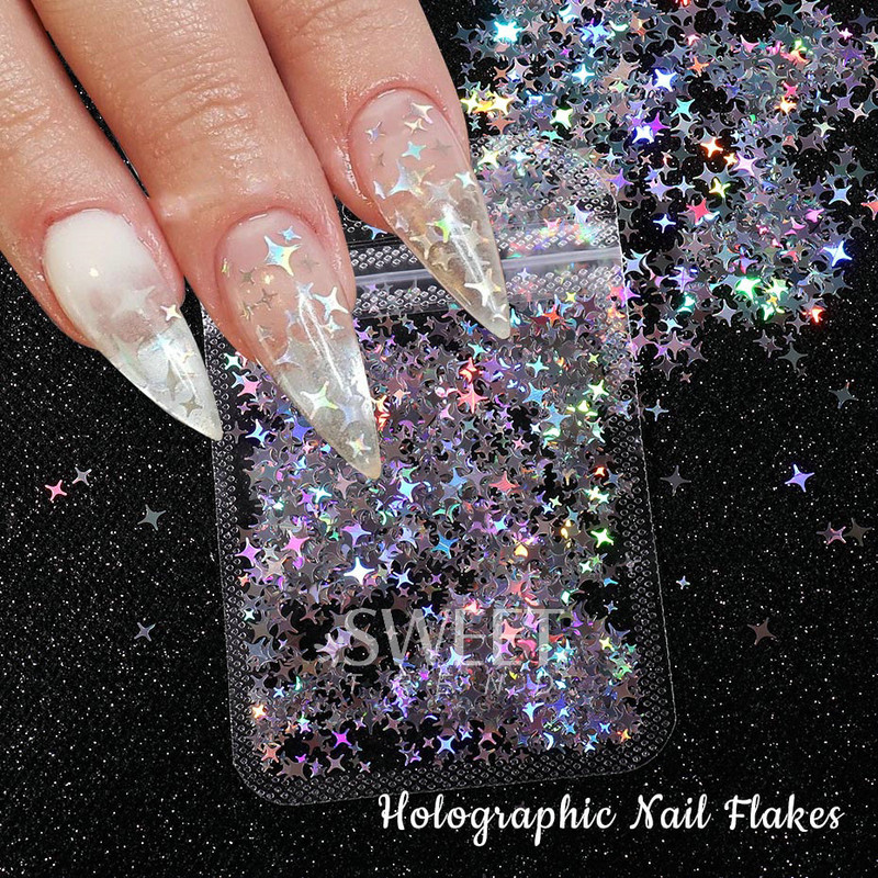 Hologrāfiskā zvaigzne četrstaru zvaigzne nagu paletes Sparkly Laser Design sequin Charm Glitter Flake Mirdzoša manikīra dekora šķēle