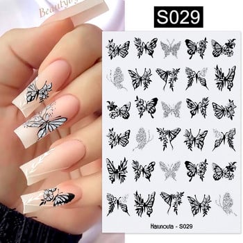 Сребърна метална пеперуда 3D стикер за нокти Черно бели пеперуди Звезди Залепващ плъзгач Обвивки Маникюр Стикери за гел лак