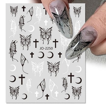 Сребърна метална пеперуда 3D стикер за нокти Черно бели пеперуди Звезди Залепващ плъзгач Обвивки Маникюр Стикери за гел лак