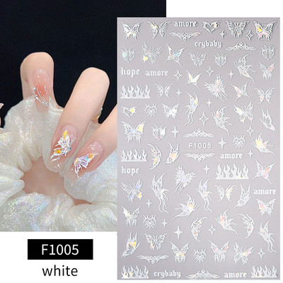 Autocolant 3D pentru unghii cu fluture din metal argintiu Fluturi alb negru Adeziv Slider Wraps Manichiura Gel Polish Decalcomanie