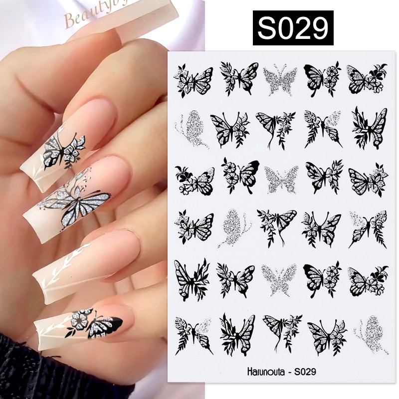 Autocolant 3D pentru unghii cu fluture din metal argintiu Fluturi alb negru Adeziv Slider Wraps Manichiura Gel Polish Decalcomanie