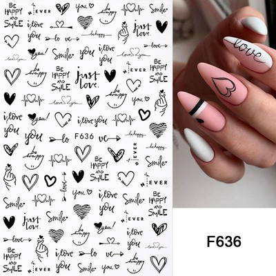 Must valge südame kiri küünte kleebis Armastus Abstraktne Lilled Nail Art Dekoratsioon Täht Seksikas Naine Kleebised Maniküüri Aksessuaarid