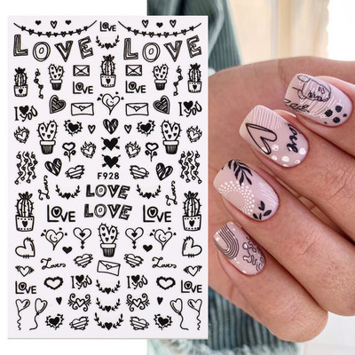 Must valge südame kiri küünte kleebis Armastus Abstraktne Lilled Nail Art Dekoratsioon Täht Seksikas Naine Kleebised Maniküüri Aksessuaarid