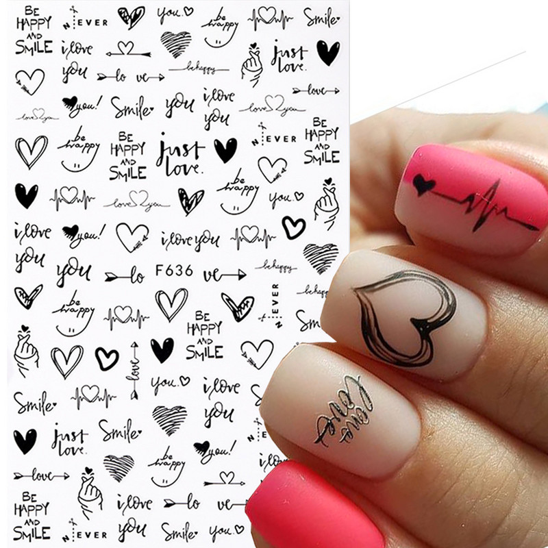 Must valge südame kiri küünte kleebis Armastus Abstraktne Lilled Nail Art Dekoratsioon Täht Seksikas Naine Kleebised Maniküüri Aksessuaarid