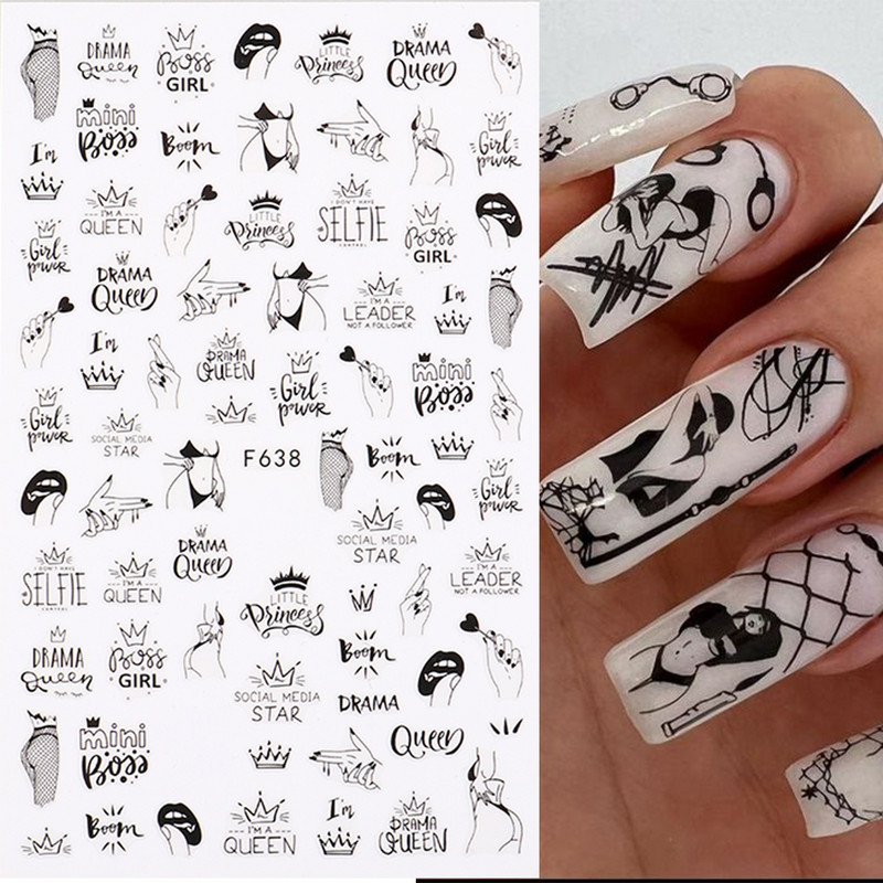Must valge südame kiri küünte kleebis Armastus Abstraktne Lilled Nail Art Dekoratsioon Täht Seksikas Naine Kleebised Maniküüri Aksessuaarid