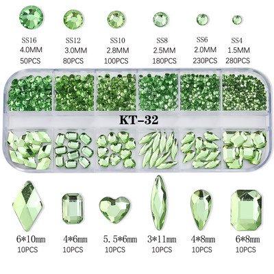 12 tinklelių, blizgančių permatomų, spalvingų mišrių formų, plokščių stiklų deimantų nagų dailė cirkonio brangakmeniai papuošalai manikiūro žavesiai