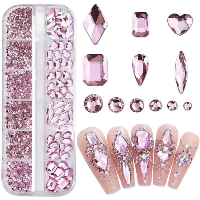 12 ruudustikku sädelevad läbipaistvad värvilised seguvormid, lamedad klaasist teemandid, küünekunstid, ehted, ehted, maniküüri võlud