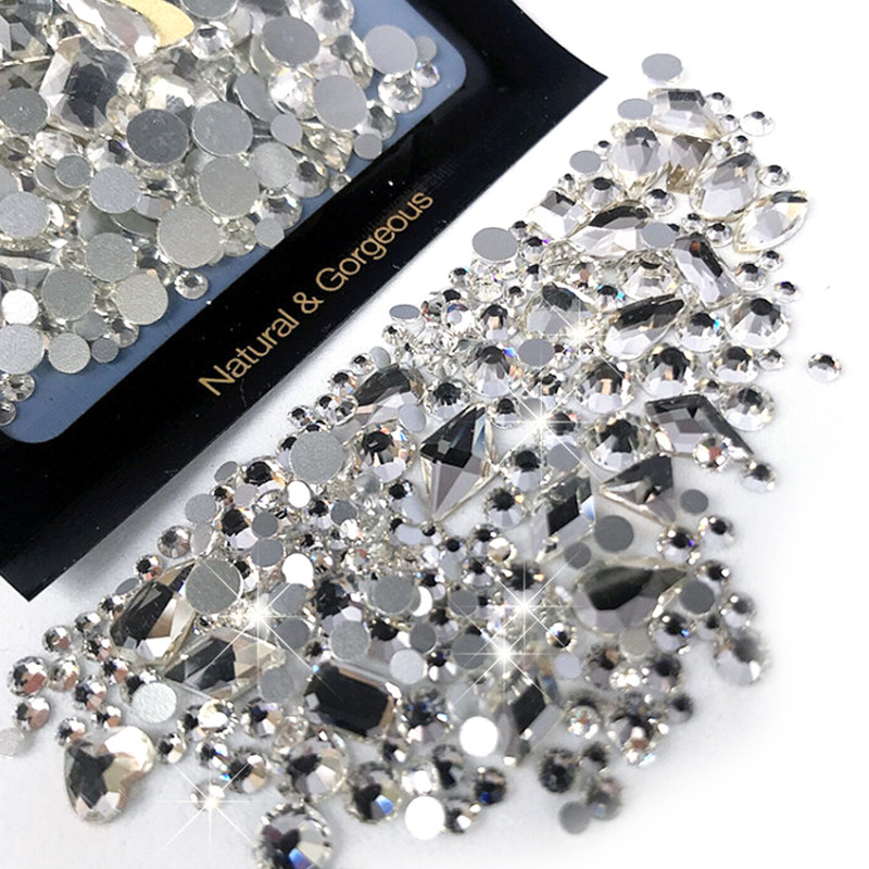 250 gab Rhinetone DIY Mix dārgakmeņi Plakana aizmugure Lieli strass, strass nagu mākslas rotājumi