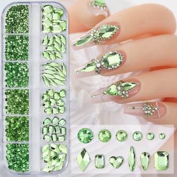 12 решетки, блестящи диамантени кристални талисмани, кристали със смесена форма, розово, синьо, зелено, AB плоски скъпоценни камъни, луксозни части за нокти (S4-S16)