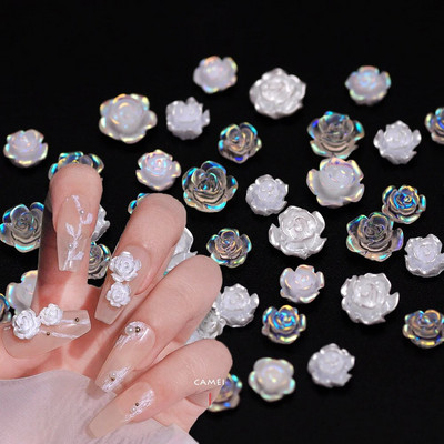 3D White Aurora Camellia Nail Art Charms Rhinestones 90GB Rotaslietas Akrila sveķu Dekorācijas DIY Amatniecība Ziedi Manikīra dizains