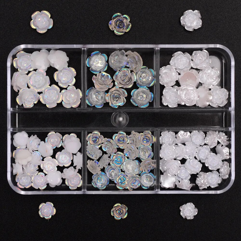3D White Aurora Camellia Nail Art Charms Rhinestones 90GB Rotaslietas Akrila sveķu Dekorācijas DIY Amatniecība Ziedi Manikīra dizains