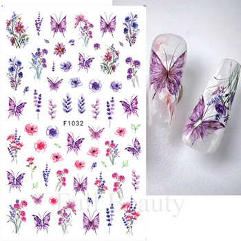 3D дантелени цветя Стикери за нокти Лилав цвят Флорална пеперуда Летни ваденки за нокти Декорации Лепило Плъзгач Татуировка Маникюр
