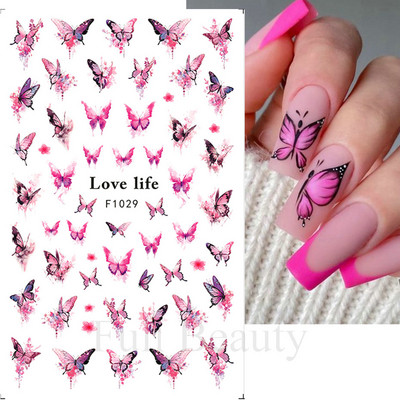 Autocolante pentru unghii cu flori din dantela 3D, flori violete, fluture, vara, autocolante pentru unghii, decorațiuni, adeziv, glisor, tatuaj, manichiură