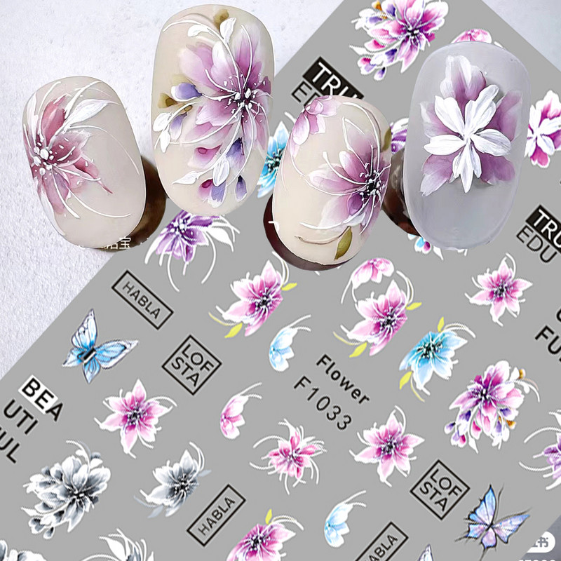 Autocolante pentru unghii cu flori din dantela 3D, flori violete, fluture, vara, autocolante pentru unghii, decorațiuni, adeziv, glisor, tatuaj, manichiură