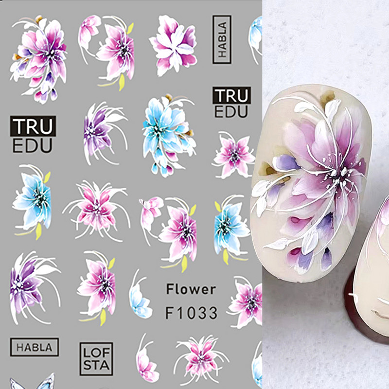 Autocolante pentru unghii cu flori din dantela 3D, flori violete, fluture, vara, autocolante pentru unghii, decorațiuni, adeziv, glisor, tatuaj, manichiură