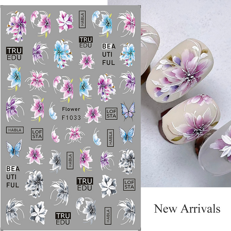 Autocolante pentru unghii cu flori din dantela 3D, flori violete, fluture, vara, autocolante pentru unghii, decorațiuni, adeziv, glisor, tatuaj, manichiură