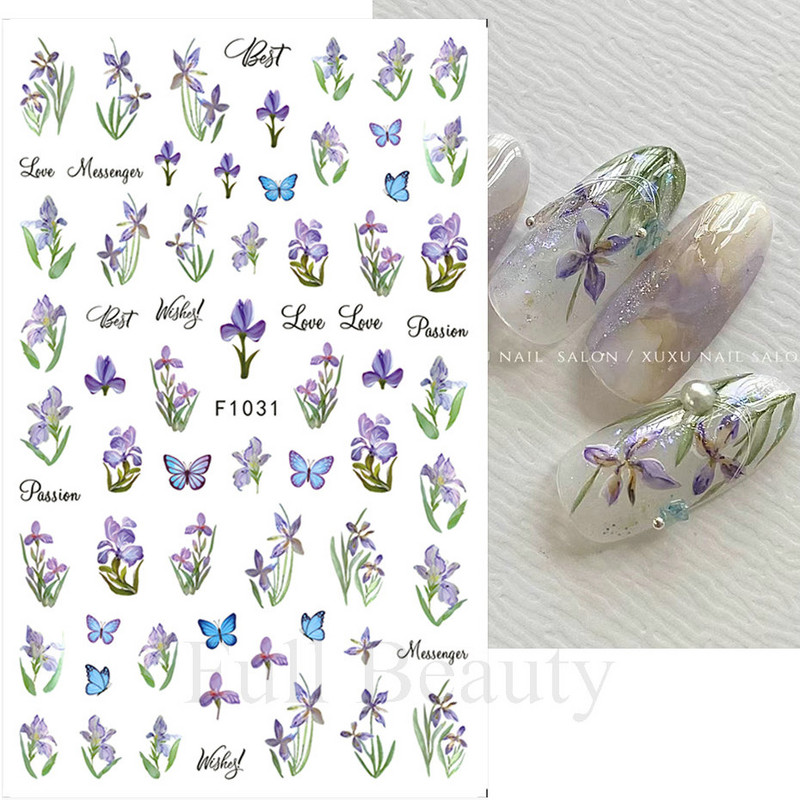 Autocolante pentru unghii cu flori din dantela 3D, flori violete, fluture, vara, autocolante pentru unghii, decorațiuni, adeziv, glisor, tatuaj, manichiură